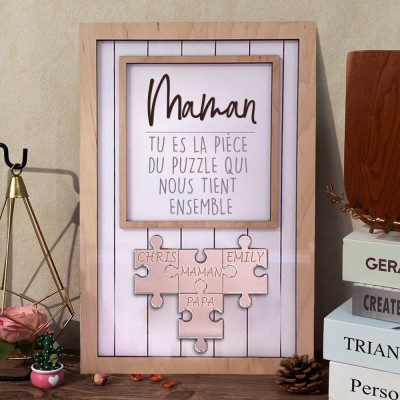 Maman, tu es la pièce du puzzle qui nous tient ensemble, panneau de puzzle en bois personnalisé pour maman cadeau de fête des mères