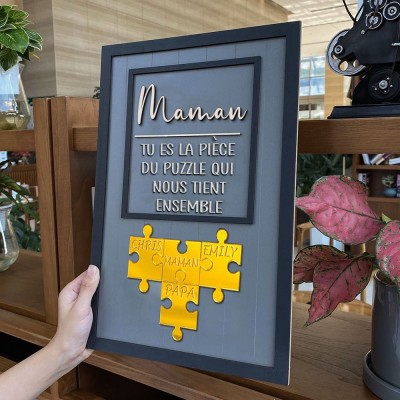 Maman, tu es la pièce du puzzle qui nous tient ensemble, panneau de puzzle en bois personnalisé pour maman cadeau de fête des mères