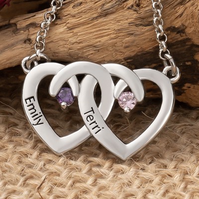 Collier personnalisé avec pierre de naissance Double cœur avec noms, collier de Couple, cadeau d'anniversaire, cadeau d'anniversaire