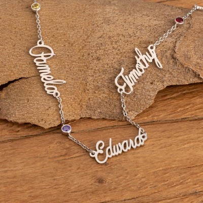 Collier Prénom Personnalisé en Argent avec 1-6 Prénoms et Pierres de Naissance