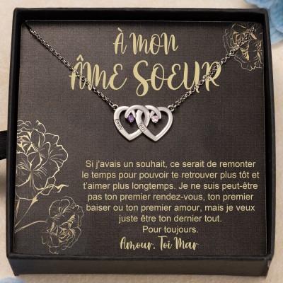 Collier personnalisé avec pierre de naissance double cœur pour mon âme sœur, avec noms, cadeaux d'anniversaire, cadeaux de Saint-Valentin