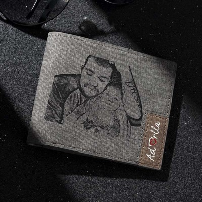 Cadeau Fête des Pères Portefeuille Photo Personnalisé en Cuir Gris