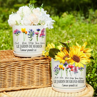 Pot de fleur du mois de naissance du jardin de grand-mère avec noms d'enfants, cadeaux personnalisés pour maman grand-mère
