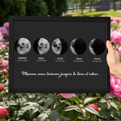 Cadre en bois personnalisé avec phases de lune, cadeaux souvenirs de famille, cadeau de fête des mères