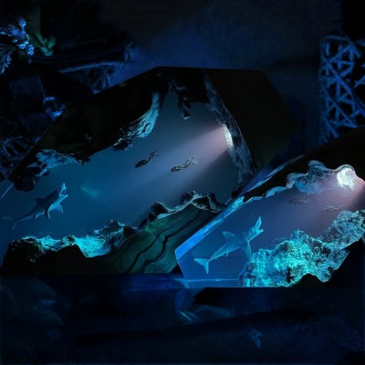 Grand requin blanc et Couple plongeurs veilleuse résine bois lampe cadeaux de noël