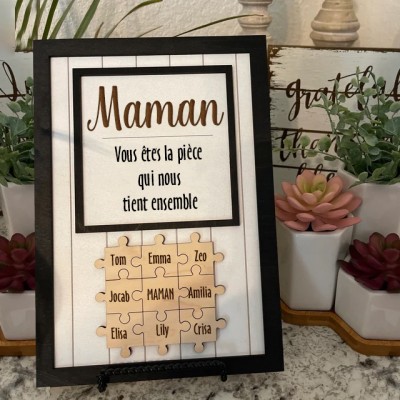 Maman tu es la pièce qui nous tient ensemble Pièces de puzzle personnalisées Signe de nom Cadeau d'amour pour grand-mère maman