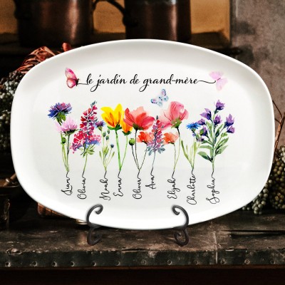 Plateau de fleurs personnalisé du mois de naissance du jardin de grand-mère avec noms d'enfants, cadeau de Noël pour grand-mère maman