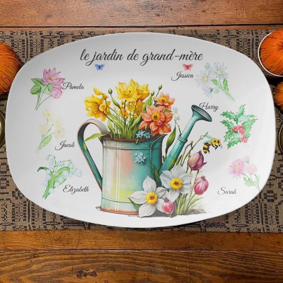 Plateau de fleurs personnalisé du mois de naissance du jardin de grand-mère avec noms d'enfants, cadeau de Noël pour grand-mère maman