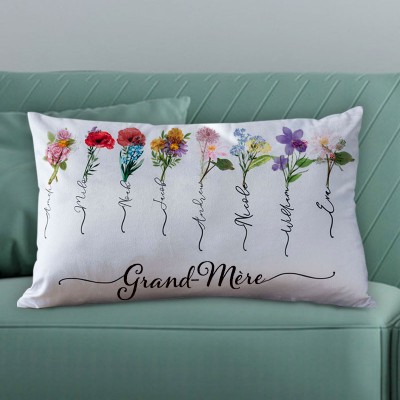 Oreiller personnalisé de maman de fleur de mois de naissance avec des noms d'enfants cadeau de fête des mères