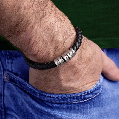 Bracelet de perles en cuir pour hommes personnalisé gravé avec des cadeaux de fête des pères pour enfants