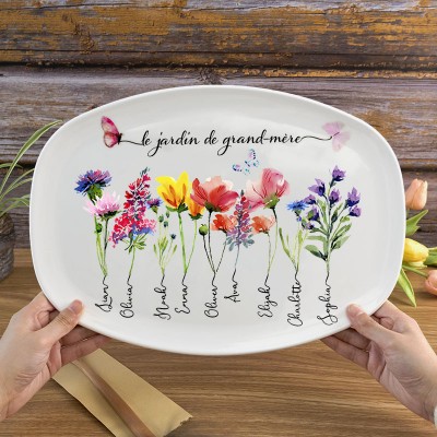 Plateau de fleurs personnalisé du mois de naissance du jardin de grand-mère avec noms d'enfants, cadeau de Noël pour grand-mère maman
