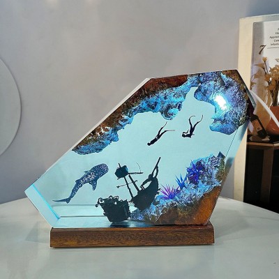 Requin baleine et couple plongeur lampe en bois en résine époxy cadeaux de Noël