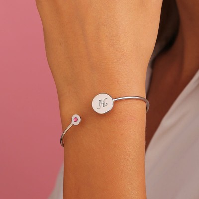 Bracelet manchette en argent sterling à pierre de naissance à graver
