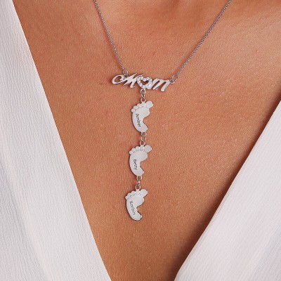 Collier Maman Personnalisé en Argent avec Pieds de Bébé 1-10 Pendentifs