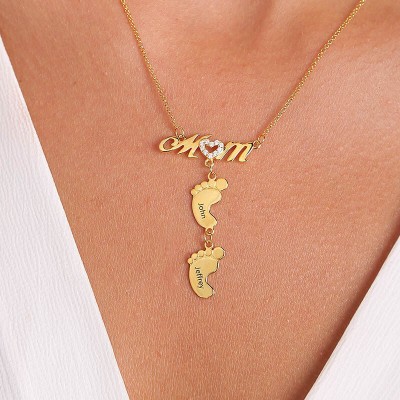 Collier Maman Plaqué Or Personnalisé Avec Pieds De Bébé 1-10 Pendentifs
