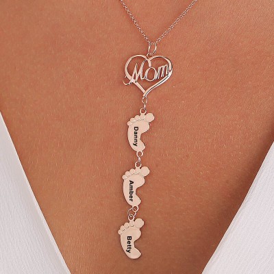 Collier maman personnalisé plaqué or rose 18 carats avec pendentifs 1-10 pieds de bébé