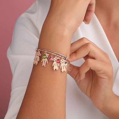 Bracelet jonc personnalisé par or rose 18K avec 1-10 pierres de naissance charmes d'enfants