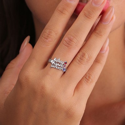 Bague de naissance personnalisée en argent sterling 925 avec cadeau de 3 noms pour elle