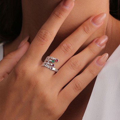 Bague de naissance personnalisée en argent sterling 925 avec cadeau de 4 noms pour elle