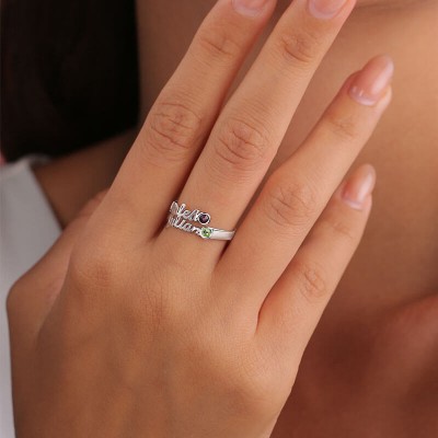 Bague de naissance personnalisée en argent sterling 925 avec cadeau de 2 noms pour elle