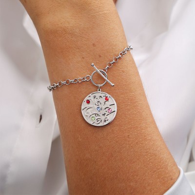 Bracelet à breloques personnalisé avec 1 à 5 noms et pierre de naissance