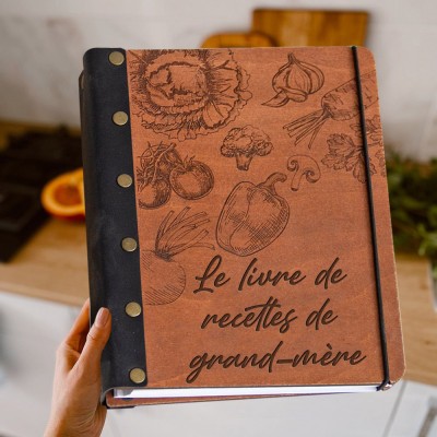 Carnet de recettes personnalisé avec reliure en cuir et couverture en bois, cadeaux uniques pour maman, cadeau de Noël en famille
