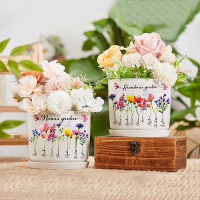Custom Grandma's Garden Birth Flower Plant Pot with Grandkids Names For Christmas Gifts Birthday Gifts Great Gift Ideas for Grandma Mom