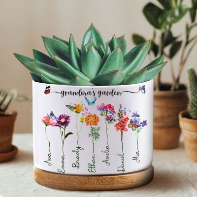 Personalized Nana's Garden Birth Flower Pot Engraved with Kids Names Unique Gifts for Grandma Mom