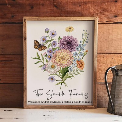 Mom's Garden Birth Month Flower Bouquet Custom Family Art Print Love Gifts for Mom Grandma Christmas Gift Ideas