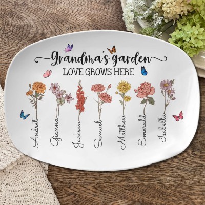 Personalized Mom's Garden Birth Month Flower Platter with Kids Names New Mom Gift Christmas Gifts for Mom Grandma