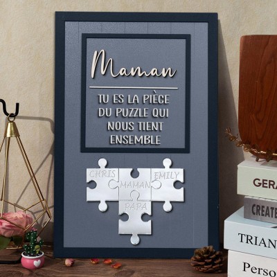 Maman, tu es la pièce du puzzle qui nous tient ensemble, panneau de puzzle en bois personnalisé pour maman cadeau de fête des mères