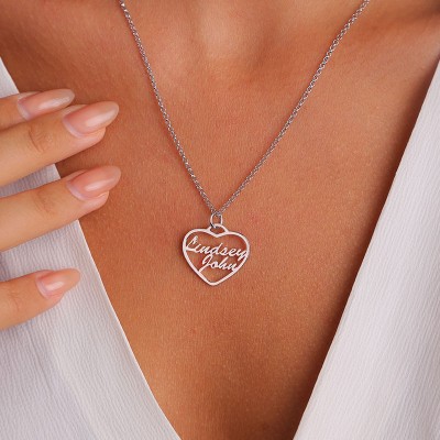 Collier personnalisé en forme de coeur 2 noms collier de couples
